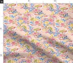 an image of a flowery fabric with birds on it and flowers in the background