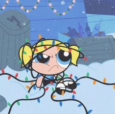 the powerpuff character is sitting in the snow with christmas lights on her head