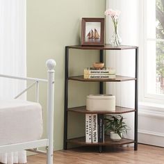 a corner shelf in the corner of a bedroom