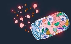 an illustration of a can with flowers and stars coming out of it on a dark background