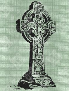 the cross is drawn in black and white on a green background with an ornate design