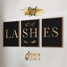 three black and gold wall art prints with lashes on them, one is for lashes