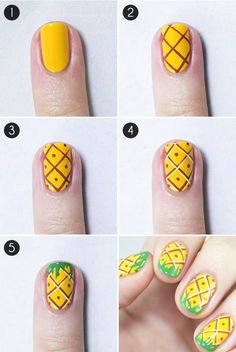 Uñas frutales Pineapple Nails, Kitty Nail, Fruit Nail Art, Nail Art Tutorials, Summer Nail Art, Summery Nails, Party Nails, Diy Nail Designs, Pencil Box