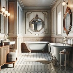 The space should echo the charm of the past but also integrate contemporary elements for functionality and comfort. It must feature a classic claw-foot bathtub, a pedestal sink, a mirror with an ornate wooden frame, and hexagonal tile flooring. Modern elements can come through in neutral-toned walls, sleek silver faucets, and minimalist light fixtures. To enhance the vintage feel, include a free-standing wooden cabinet for storage, and finishing touches like an antique soap dish and towel rack.