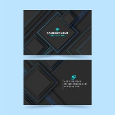 modern business card with blue and black geometric pattern on the front, back and sides