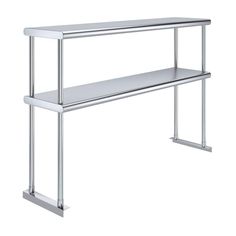 a stainless steel shelf with two shelves on each side, and one shelf below it