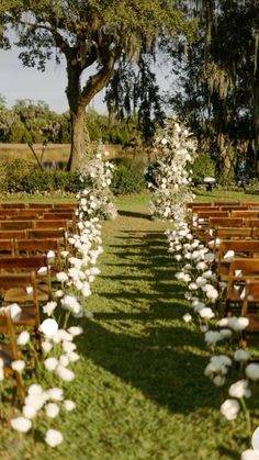 rows of wooden chairs with white flowers lining the aisle in front of trees and grass