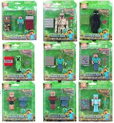 six different minecraft action figures in plastic packaging