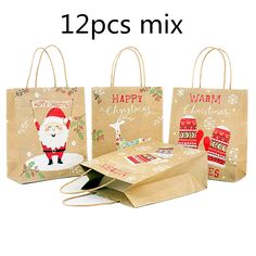 three christmas shopping bags with santa claus on the front and reindeer on the back, one brown paper bag that says happy christmas