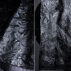 two pictures of black and white fabric with flowers on it, one is showing the back side