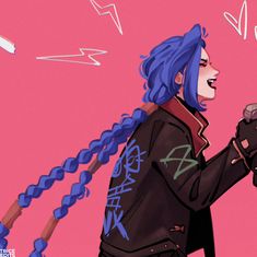 a drawing of a man with blue hair holding a cell phone and wearing a black jacket