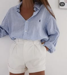 00s Mode, Adrette Outfits, Chique Outfit, Outfit Primavera, Blue Striped Shirt