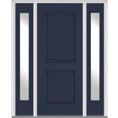 a black front door with two sidelights and mirrors on the top, against a white background