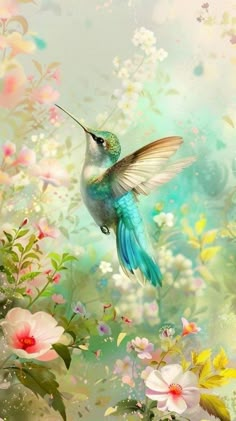 a painting of a hummingbird flying over flowers