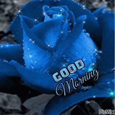 a blue rose with the words good morning on it and sparkles in the background