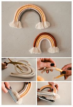 the steps to make a rainbow decoration with yarn and scissors