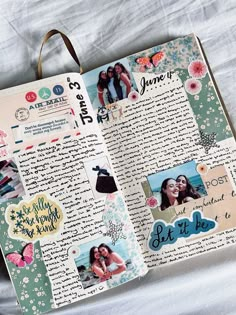 an open scrapbook with pictures and words on the pages that are attached to each other