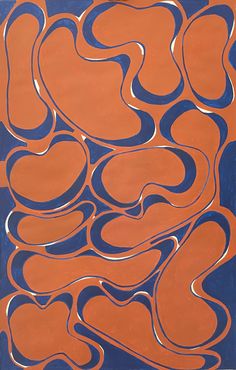 an orange and blue abstract painting with lines in the center, on a dark background