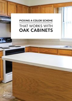 a kitchen with oak cabinets and white counter tops that says picking a color scheme that works with oak cabinets