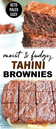 two brownies stacked on top of each other with text overlay that reads, most & fudgy tahini brownies