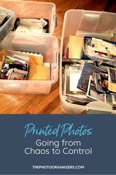 two plastic containers filled with photos on top of a wooden floor