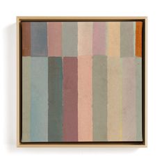 an abstract painting with multicolored stripes on the bottom, and brown frame above it