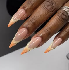 Line Nail Designs Almond, Short Stilleto Nails French Tips, Orange Stilleto Nail Ideas, Almond Nails Designs Elegant, Peach Nails Ideas, Yellow Stilleto Nail, Long Almond Nails Designs Summer, Summer Oval Nails Designs, Short Stiletto Nail Designs