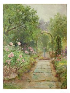 a painting of a garden path with flowers and trees on either side, surrounded by greenery