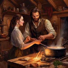 a painting of a man and woman cooking in a kitchen with a pot on the stove