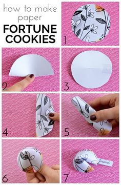 instructions for how to make paper fortune cookies with flowers and leaves on the front, in white