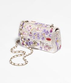 CHANEL - Mini Classic Handbag Embroidered Satin, Sequins, Glass Beads, Strass & Gold-Tone Metal, White, Pink, Purple & Red - A69900B17014NZC06 - Handbags Cute Small Purse, Chanel Watch, Jewelry Advice, Mini Classic, Fashion Chanel, Chanel Collection, Chanel Mini