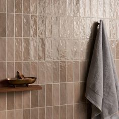 a towel hanging on the wall next to a shelf