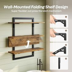 the wall mounted folding shelf design is made from wood and metal