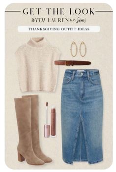 Casual Outfit For Thanksgiving, Outfit Ideas For Holidays, Lunch Fall Outfit, Denim Skirt Outfit Fall 2024, Lauren Kay Sims Outfit, Megan Markle Fashion, Oyster Roast Outfit Fall, Cabi Outfits Ideas Daily Look, Winter Denim Dress Outfit