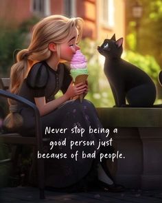 a woman sitting on a bench eating an ice cream cone next to a black cat