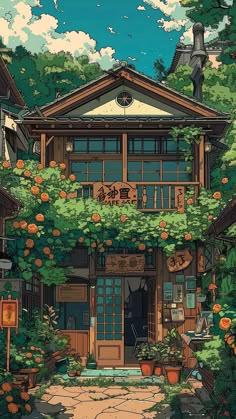 an orange tree in front of a house with lots of greenery on the roof