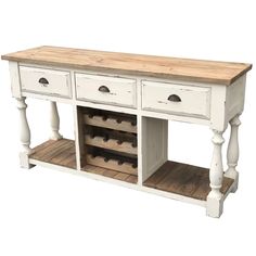 a wooden table with two drawers and wine racks