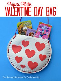 a paper plate valentine's day bag with books in it