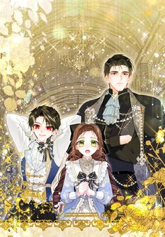 three anime characters are standing in front of an ornate background with gold and white flowers