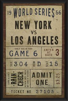 an old baseball ticket for the new york yankees is displayed in a black framed frame