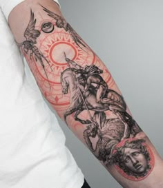 a man with a tattoo on his arm holding a clock and an angel above him