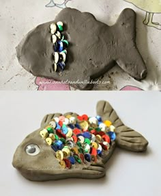 there are two pictures of fish made out of clay and one has buttons on it