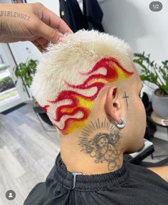 Buzzcut Fire Design, Buzzcut Hair Dye Art Men, Men Buzzcut Dyed, Men Colored Hair, Buzz Cut Men Dyed, Shaved Hair Dye Designs, Mens Hair Color Ideas, Bleached Hair Designs, Buzz Hair Design