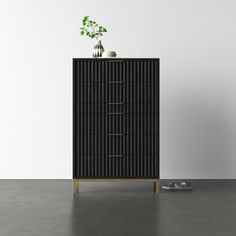 an empty room with a black cabinet and a plant on the top of one drawer