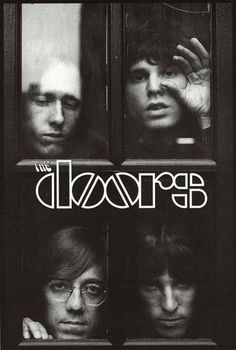 the doors are shown in this black and white photo, with their faces peeking out