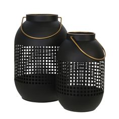 two black vases sitting next to each other