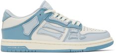 Low-top grained and buffed leather sneakers in tones of blue and off-white. · Mesh trim throughout · Perforated detailing at toe · Logo plaque at lace-up closure · Logo patch at padded taffeta tongue · Padded collar · Graphic appliqués at sides · Logo embossed at heel counter · Mesh lining · Logo bonded at rubber midsole · Treaded rubber sole Supplier color: Blue Blue Amiri Shoes, Low Sneakers Outfit, Tones Of Blue, Fresh Shoes, White Leather Sneakers, Black Suede Heels, Senior Pics, Sneakers Blue, Blue Sneakers