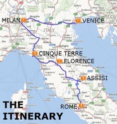 the itinerary map shows where to stay in italy