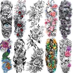 an assortment of temporary tattoos with flowers and skulls on them, all in different colors