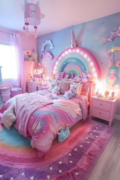 a bedroom decorated in pink and blue with unicorns on the walls, bedding and rugs